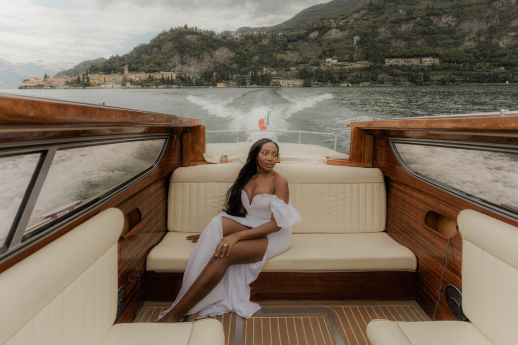 Bride on the boat during an elopement on Lago di Como